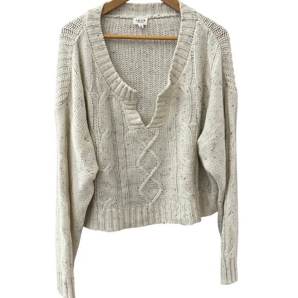 Le Lis Oversized Wool-Blend Cable Knit Cropped V-Neck Cream Sweater Size Large - Picture 1 of 10